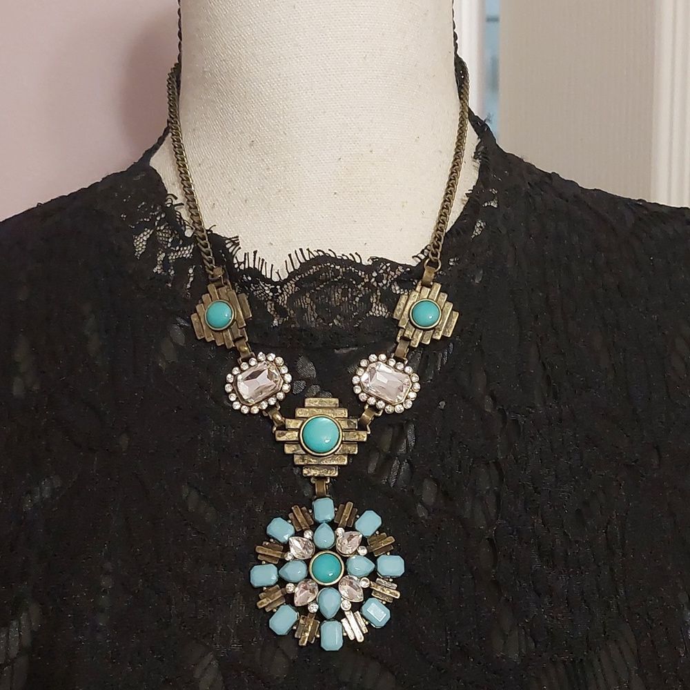 Faux Turquoise Rhinestones and Brass Tone Mixed Media Boho Statement Necklace